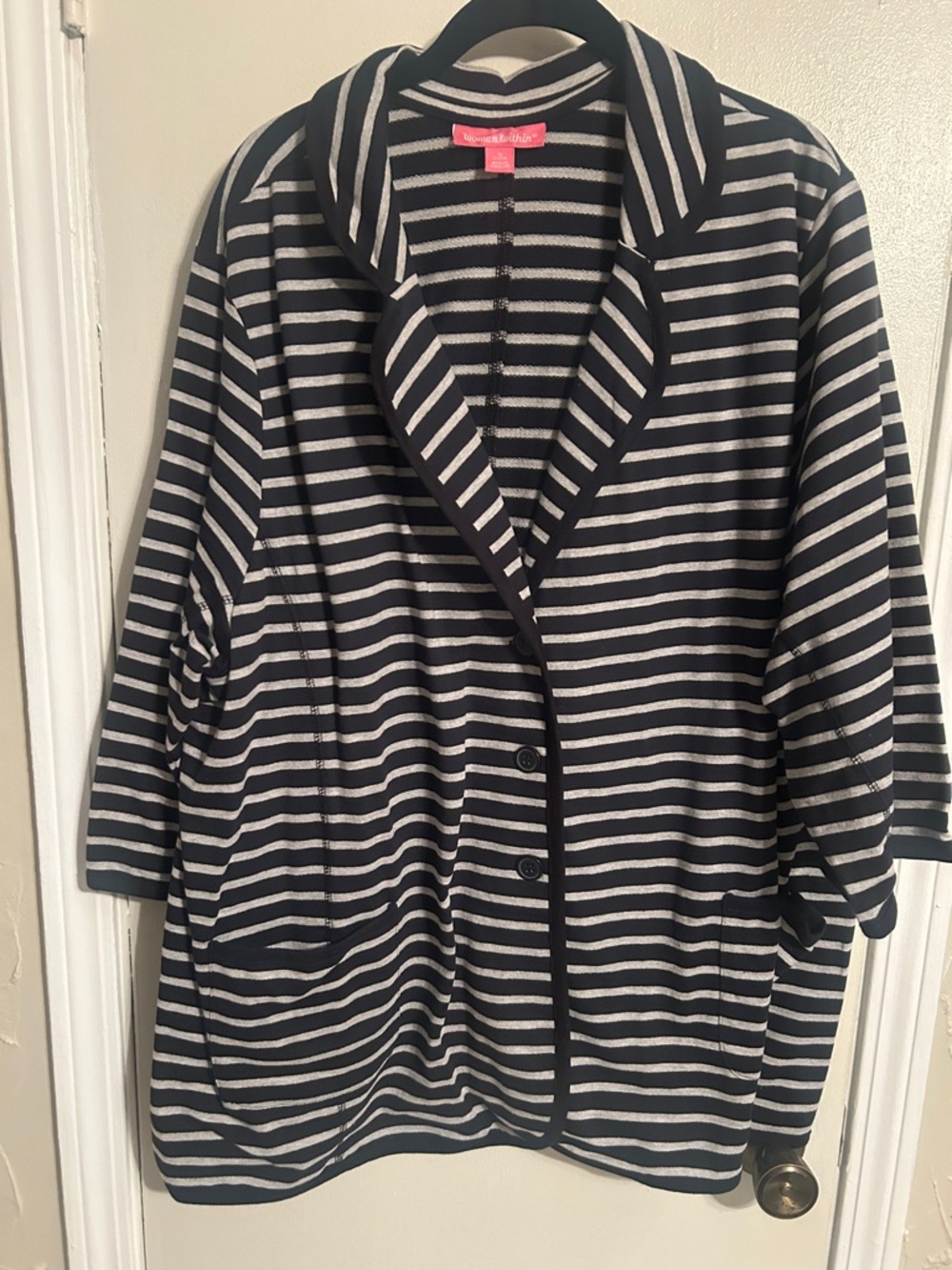 Woman Within Black and White Striped Knit Blazer Cardigan